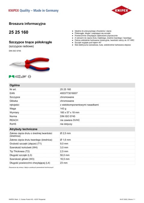 KNIPEX SZCZYPCE TNĄCE PÓŁOKRĄGŁE 160MM KNIPEX SZCZYPCE TNĄCE PÓŁOKRĄGŁE 160MM