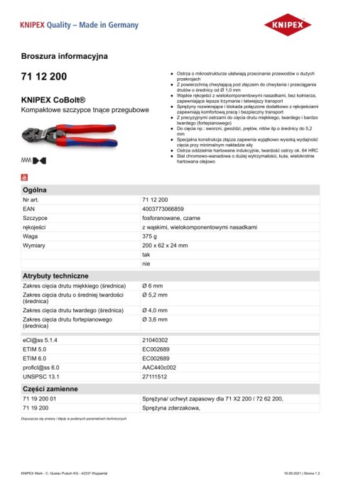 KNIPEX SZCZYPCE TNĄCE PRZEGUBOWE ZE SPRĘŻYNĄ COBOLT 200MM KNIPEX SZCZYPCE TNĄCE PRZEGUBOWE ZE SPRĘŻYNĄ COBOLT 200MM