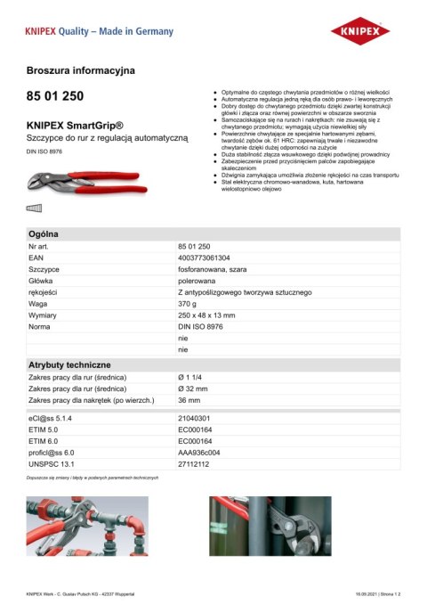 KNIPEX SZCZYPCE DO RUR SMARTGRIP 250MM KNIPEX SZCZYPCE DO RUR SMARTGRIP 250MM