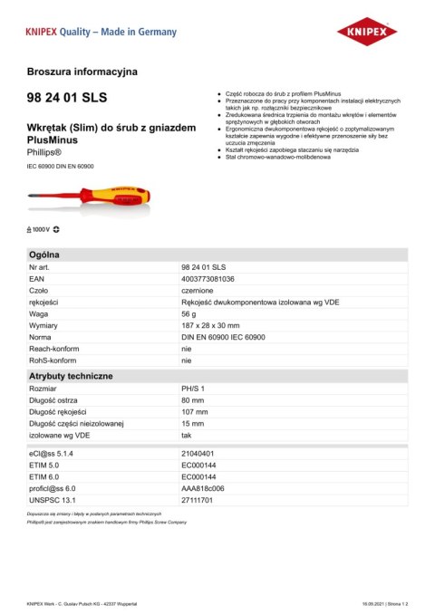 KNIPEX WKRĘTAK PHILLIPS SLIM Z IZOLACJĄ 80 MM PH1 KNIPEX WKRĘTAK PHILLIPS SLIM Z IZOLACJĄ 80 MM PH1