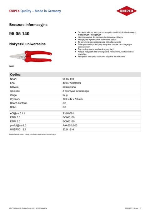 KNIPEX NOŻYCZKI UNIWERSALNE 140MM KNIPEX NOŻYCZKI UNIWERSALNE 140MM