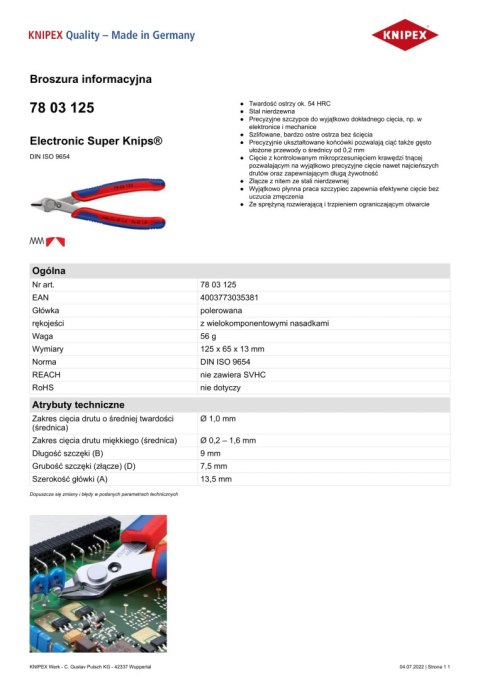 KNIPEX SZCZYPCE DO CIĘCIA 125MM ELECTRONIC SUPER KNIPS KNIPEX SZCZYPCE DO CIĘCIA 125MM ELECTRONIC SUPER KNIPS