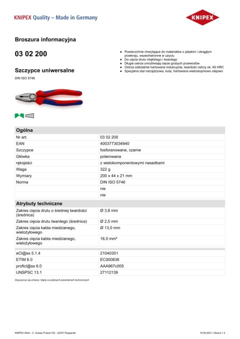 KNIPEX SZCZYPCE UNIWERSALNE PVC 200MM KNIPEX SZCZYPCE UNIWERSALNE PVC 200MM
