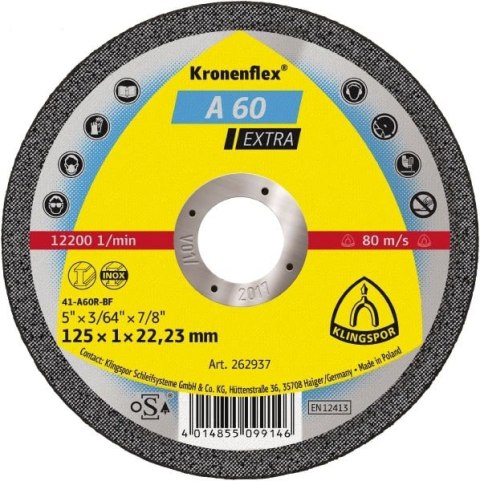 KLINGSPOR TARCZA FLEX 41 125x1,0x22,2 A 60 EXTRA KLINGSPOR ( op. - 25 szt. ) KLINGSPOR TARCZA FLEX 41 125x1,0x22,2 A 60 EXTRA KLINGSPOR ( op. - 25 szt. )