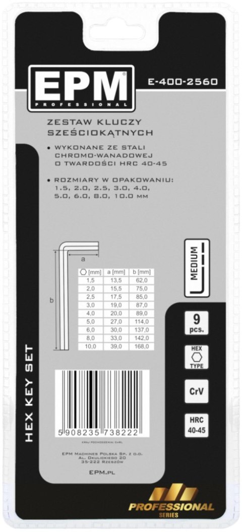 EPM KOMPLET KLUCZY IMBUSOWY ''HEX'' TYP L 9SZT ŚREDNIE EPM KOMPLET KLUCZY IMBUSOWY ''HEX'' TYP L 9SZT ŚREDNIE