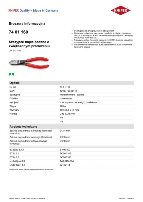 KNIPEX SZCZYPCE TNĄCE BOCZNE O ZWIĘKSZONYM PRZEŁOŻENIU 160MM KNIPEX SZCZYPCE TNĄCE BOCZNE O ZWIĘKSZONYM PRZEŁOŻENIU 160MM