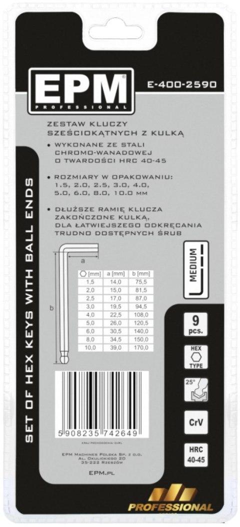 EPM KOMPLET KLUCZY IMBUSOWY ''HEX'' TYP L 9SZT Z KULKĄ ŚREDNIE EPM KOMPLET KLUCZY IMBUSOWY ''HEX'' TYP L 9SZT Z KULKĄ ŚREDNIE
