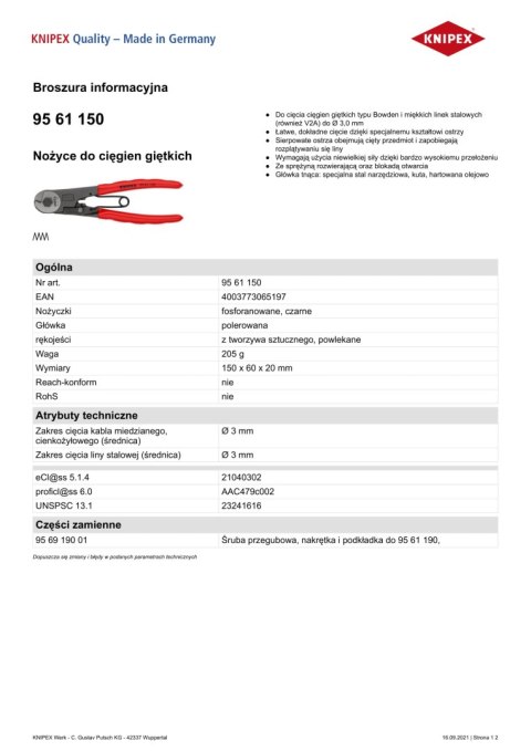 KNIPEX NOŻYCE DO LIN STALOWYCH 150MM. KNIPEX NOŻYCE DO LIN STALOWYCH 150MM.