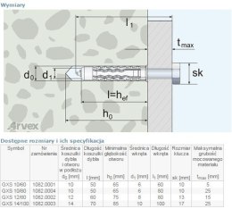 ARVEX DYBEL UNIVERSALNY WKRĘT ŁEB SZEŚCIOKĄTNY GXS 10/80MM