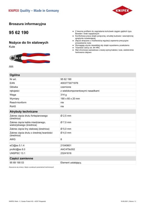 KNIPEX NOŻYCE DO LIN STALOWYCH 190MM. KNIPEX NOŻYCE DO LIN STALOWYCH 190MM.