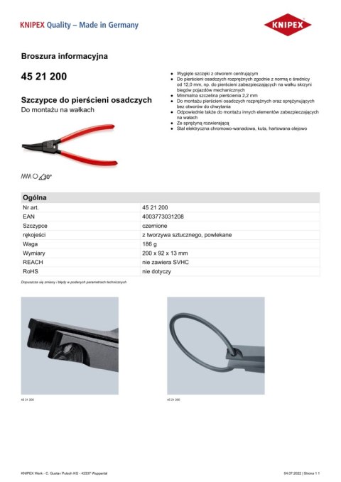KNIPEX SZCZYPCE DO PIERŚCIENI OSADCZYCH, POWLEANE 200MM. KNIPEX SZCZYPCE DO PIERŚCIENI OSADCZYCH, POWLEANE 200MM.