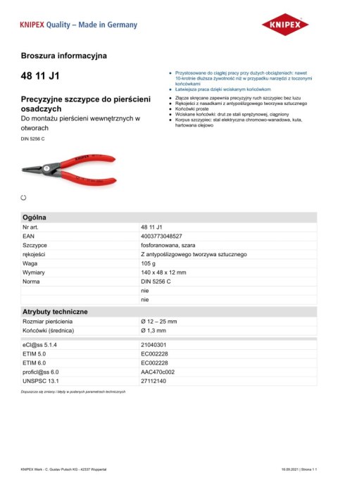 KNIPEX PRECYZYJNE SZCZYPCE DO PIERŚCIENI WEW.PROSTE 140MM KNIPEX PRECYZYJNE SZCZYPCE DO PIERŚCIENI WEW.PROSTE 140MM