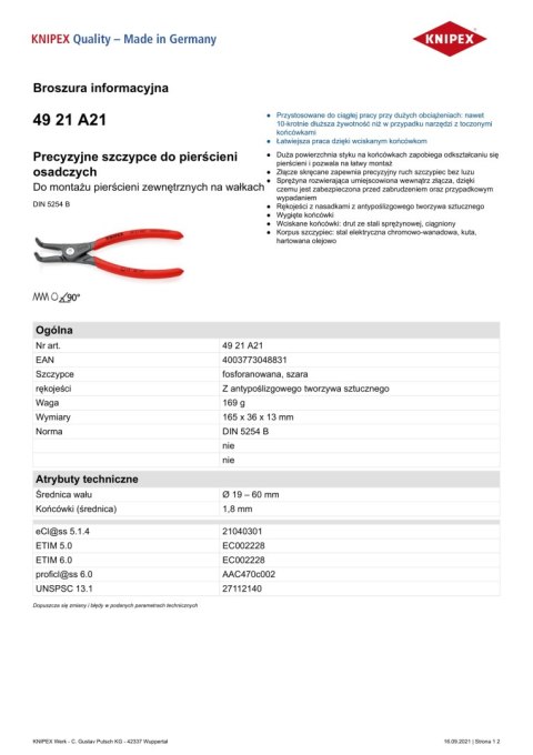 KNIPEX PRECYZYJNE SZCZYPCE DO PIERŚCIENI ZEW.WYGIĘTE 165MM KNIPEX PRECYZYJNE SZCZYPCE DO PIERŚCIENI ZEW.WYGIĘTE 165MM