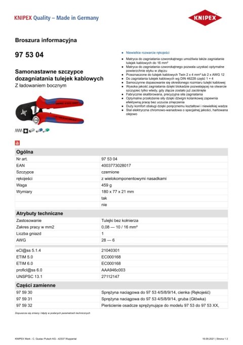 KNIPEX SAMONASTAWNE SZCZYPCE DO ZAGNIATANIA TULEJEK 180MM KNIPEX SAMONASTAWNE SZCZYPCE DO ZAGNIATANIA TULEJEK 180MM