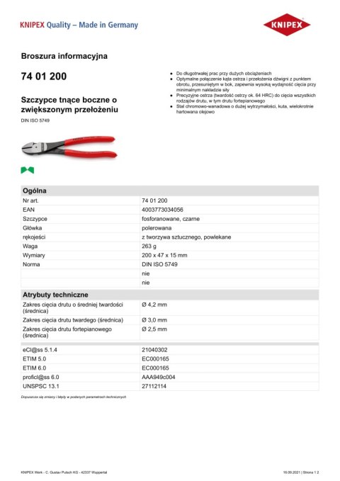 KNIPEX SZCZYPCE TNĄCE BOCZNE O ZWIĘKSZONYM PRZEŁOŻENIU 200MM KNIPEX SZCZYPCE TNĄCE BOCZNE O ZWIĘKSZONYM PRZEŁOŻENIU 200MM