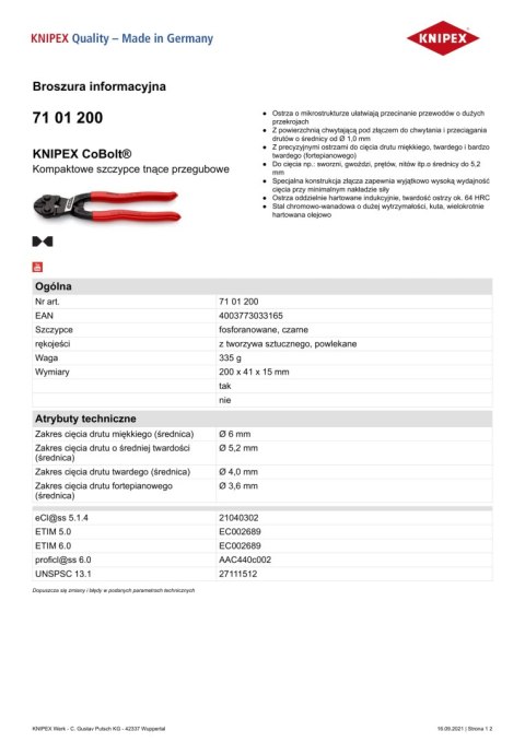 KNIPEX SZCZYPCE TNĄCE PRZEGUBOWE COBOLT 200MM KNIPEX SZCZYPCE TNĄCE PRZEGUBOWE COBOLT 200MM