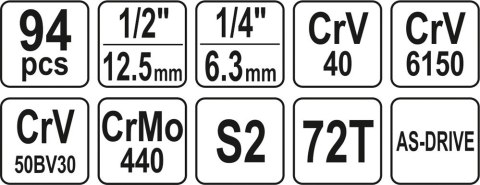 YATO ZESTAW NARZĘDZIOWY 1/2'' 94 CZĘŚCI L YATO ZESTAW NARZĘDZIOWY 1/2'' 94 CZĘŚCI L
