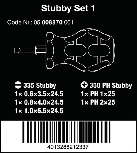 WERA ZESTAW WKRĘTAKÓW STUBBY SET 1, 5SZT. WERA ZESTAW WKRĘTAKÓW STUBBY SET 1, 5SZT.