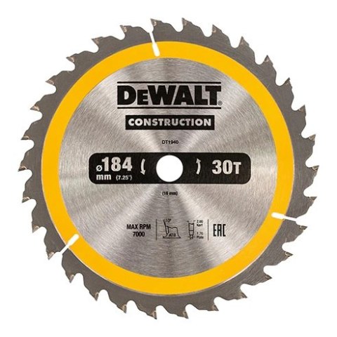 DEWALT PIŁA TARCZOWA DO DREWNA 184/16MM, 30 ZĘBÓW DEWALT PIŁA TARCZOWA DO DREWNA 184/16MM, 30 ZĘBÓW