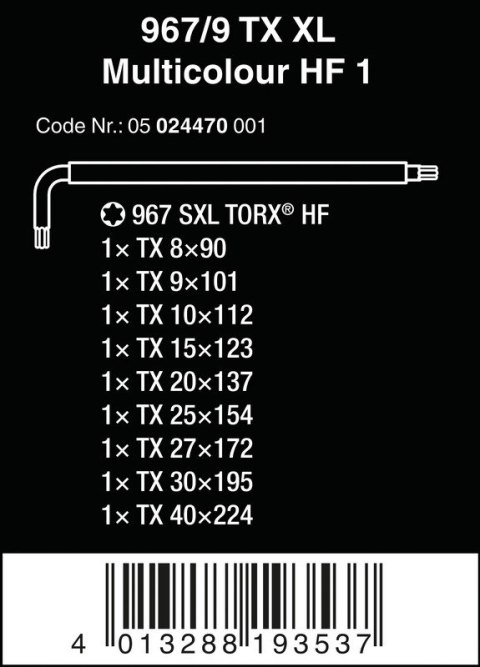 WERA ZESTAW KLUCZY TRZPIENIOWYCH TORX 967/9 TX XL MULTIC TX8-TX40 WERA ZESTAW KLUCZY TRZPIENIOWYCH TORX 967/9 TX XL MULTIC TX8-TX40