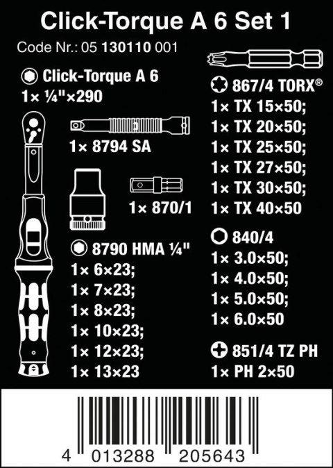 WERA KLUCZ DYNAMOMETRYCZNY CLICK-TORQUE 1/4''2.5-25NM, 20CZĘŚCI WERA KLUCZ DYNAMOMETRYCZNY CLICK-TORQUE 1/4''2.5-25NM, 20CZĘŚCI
