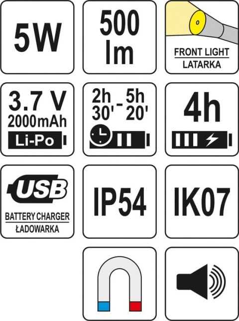 YATO LATARKA ROBOCZA 500LM, LI-PO 3,7V 2000MAH, 3W1 YATO LATARKA ROBOCZA 500LM, LI-PO 3,7V 2000MAH, 3W1
