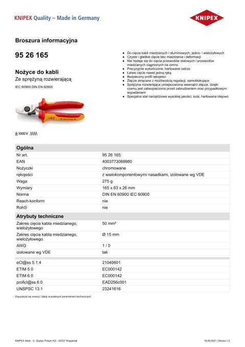 KNIPEX NOŻYCE DO KABLI ZE SPRĘŻYNĄ ROZWIERAJĄCĄ IZOLOWANE 165MM KNIPEX NOŻYCE DO KABLI ZE SPRĘŻYNĄ ROZWIERAJĄCĄ IZOLOWANE 165MM