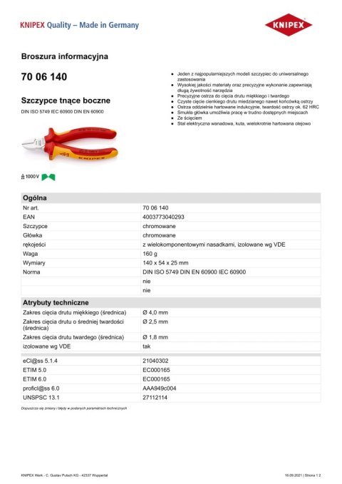 KNIPEX SZCZYPCE TNĄCE BOCZNE IZOLOWANE 140MM KNIPEX SZCZYPCE TNĄCE BOCZNE IZOLOWANE 140MM