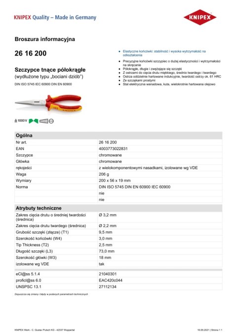 KNIPEX SZCZYPCE TNĄCE PÓŁOKRĄGŁE IZOLOWANE 200MM KNIPEX SZCZYPCE TNĄCE PÓŁOKRĄGŁE IZOLOWANE 200MM