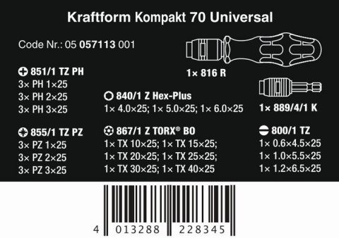 WERA ZESTAW KRAFTFORM KOMPAKT 70 UNIVERSAL, 32 CZĘŚĆ WERA ZESTAW KRAFTFORM KOMPAKT 70 UNIVERSAL, 32 CZĘŚĆ