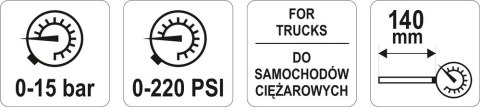 YATO CIŚNIENIOMIERZ DO AUT CIĘŻAROWYCH 15BAR YATO CIŚNIENIOMIERZ DO AUT CIĘŻAROWYCH 15BAR
