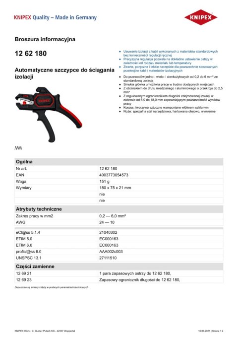 KNIPEX SZCZYPCE AUTOMATYCZNE DO ŚCIĄGANIA IZOLACJI STRIPPERS KNIPEX SZCZYPCE AUTOMATYCZNE DO ŚCIĄGANIA IZOLACJI STRIPPERS