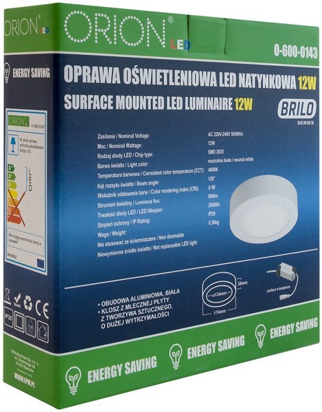 ORION PANEL LED NATYNKOWY OKRĄGŁY BRILO 175MM, 12W, 960LM ORION PANEL LED NATYNKOWY OKRĄGŁY BRILO 175MM, 12W, 960LM