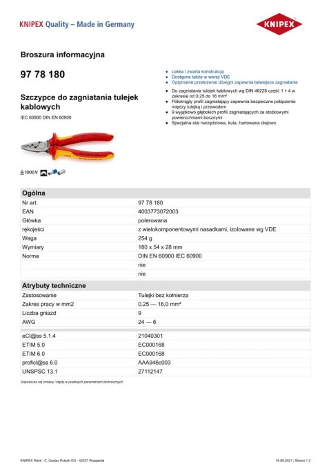 KNIPEX SZCZYPCE DO ZAGNIATANIA TULEJEK 180MM KNIPEX SZCZYPCE DO ZAGNIATANIA TULEJEK 180MM