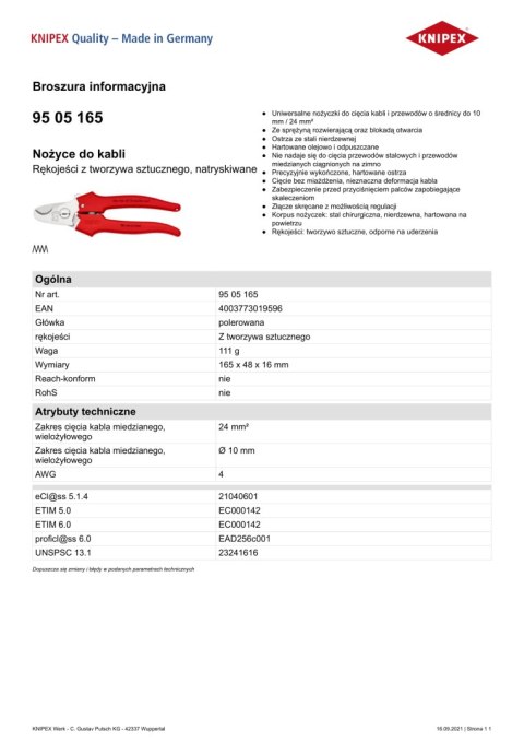 KNIPEX NOŻYCE DO KABLI 165MM, RĘKOJEŚĆ Z TWORZYWA KNIPEX NOŻYCE DO KABLI 165MM, RĘKOJEŚĆ Z TWORZYWA
