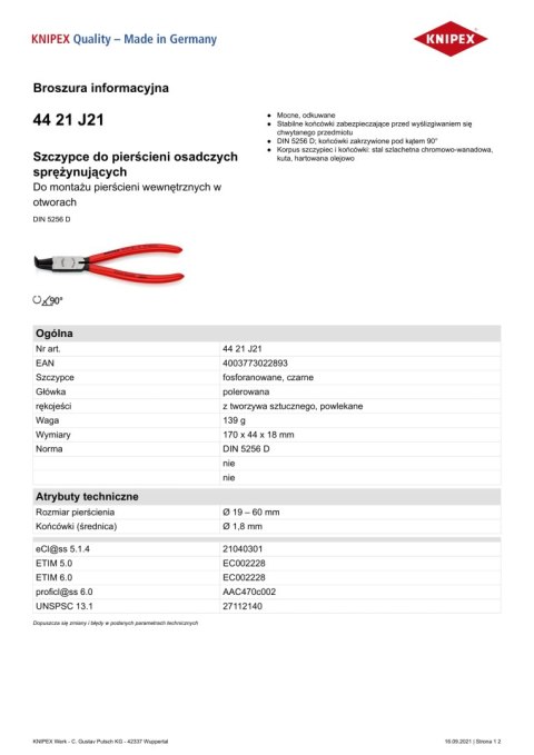 KNIPEX SZCZYPCE DO PIERŚCIENI SEGERA WYGIĘTE 90° WEWNĘTRZNE 170MM KNIPEX SZCZYPCE DO PIERŚCIENI SEGERA WYGIĘTE 90° WEWNĘTRZNE 170MM
