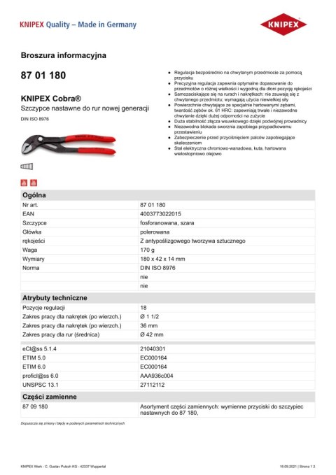 KNIPEX SZCZYPCE DO RUR COBRA 180MM KNIPEX SZCZYPCE DO RUR COBRA 180MM