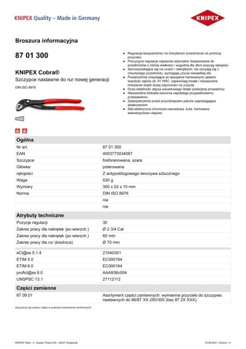 KNIPEX SZCZYPCE DO RUR COBRA 300MM KNIPEX SZCZYPCE DO RUR COBRA 300MM