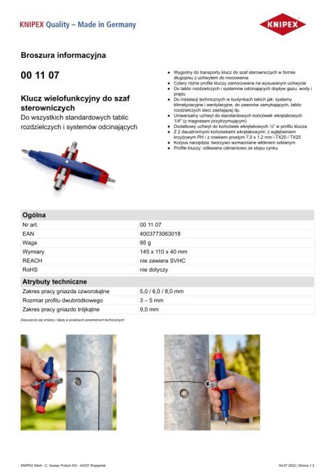 KNIPEX KLUCZ WIELOFUNKCYJNY DO SZAF STEROWNICZYCH KNIPEX KLUCZ WIELOFUNKCYJNY DO SZAF STEROWNICZYCH