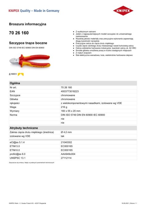KNIPEX SZCZYPCE TNĄCE BOCZNE IZOLOWANE 160MM KNIPEX SZCZYPCE TNĄCE BOCZNE IZOLOWANE 160MM