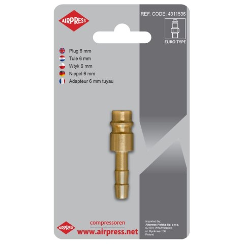 AIRPRESS WTYK SZYBKOZŁĄCZKI Z WYJŚCIEM NA WĄŻ 6MM AIRPRESS WTYK SZYBKOZŁĄCZKI Z WYJŚCIEM NA WĄŻ 6MM