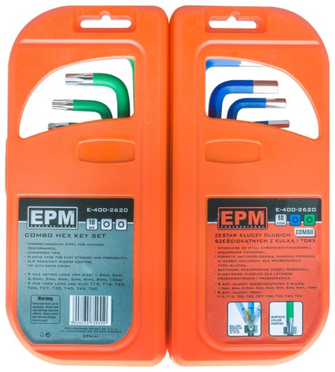 EPM KOMPLET KLUCZY TRZPIENIOWYCH HEX I TORX DŁUGIE 18 SZTUK EPM KOMPLET KLUCZY TRZPIENIOWYCH HEX I TORX DŁUGIE 18 SZTUK
