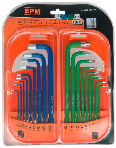 EPM KOMPLET KLUCZY TRZPIENIOWYCH HEX I TORX DŁUGIE 18 SZTUK EPM KOMPLET KLUCZY TRZPIENIOWYCH HEX I TORX DŁUGIE 18 SZTUK