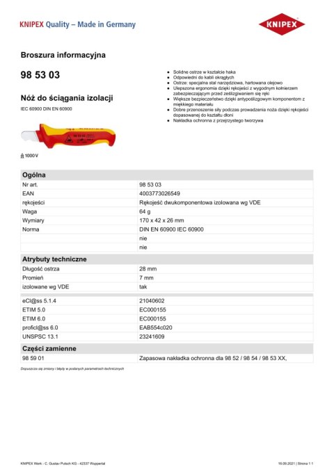 KNIPEX NÓŻ DO ŚCIĄGANIA IZOLACJI 170MM KNIPEX NÓŻ DO ŚCIĄGANIA IZOLACJI 170MM