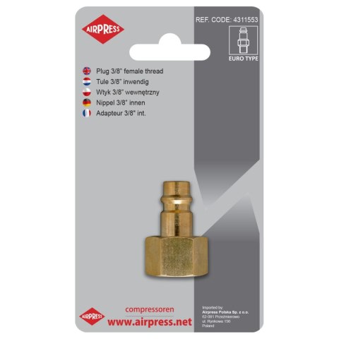 AIRPRESS WTYK SZYBKOZŁĄCZKI Z GWINTEM WEWNĘTRZNYM 3/8'' AIRPRESS WTYK SZYBKOZŁĄCZKI Z GWINTEM WEWNĘTRZNYM 3/8''