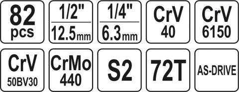 YATO ZESTAW NARZĘDZIOWY 1/2'' 82 CZĘŚCI L YATO ZESTAW NARZĘDZIOWY 1/2'' 82 CZĘŚCI L