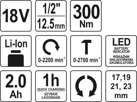YATO KLUCZ UDAROWY 18V 1/2'' 300NM 2.0AH YATO KLUCZ UDAROWY 18V 1/2'' 300NM 2.0AH