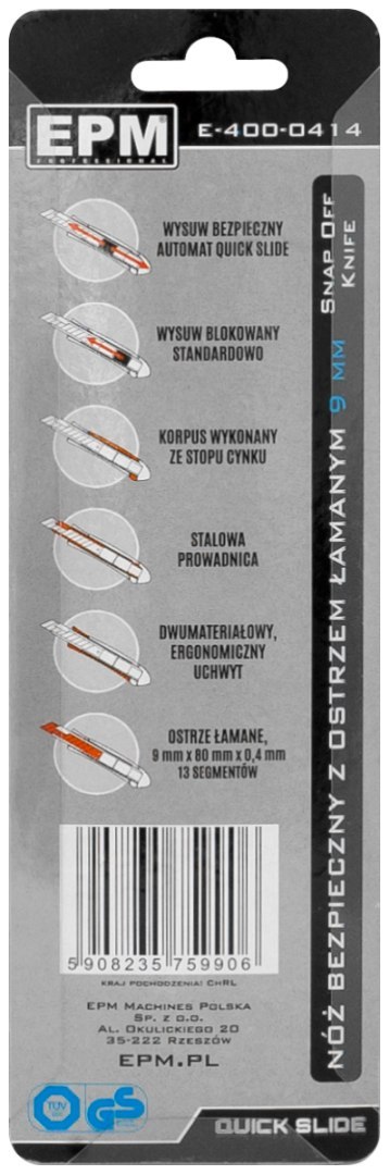 EPM NÓŻ, NOŻYK Z OSTRZEM ŁAMANYM ALUMINIOWY BEZPIECZNY 9MM EPM NÓŻ, NOŻYK Z OSTRZEM ŁAMANYM ALUMINIOWY BEZPIECZNY 9MM