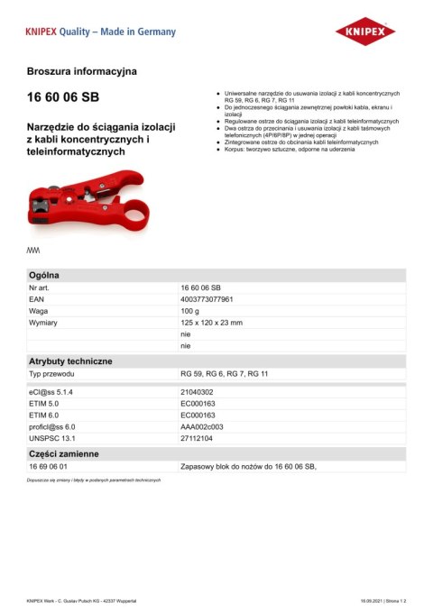 KNIPEX ŚCIĄGACZ IZOLACJI Z KABLI KONCENTRYCZNYCH I TELEINFORMATYCZN KNIPEX ŚCIĄGACZ IZOLACJI Z KABLI KONCENTRYCZNYCH I TELEINFORMATYCZN