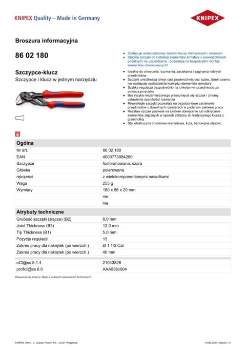KNIPEX SZCZYPCE-KLUCZ 180MM KNIPEX SZCZYPCE-KLUCZ 180MM